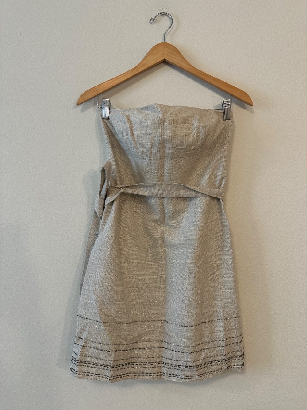 LOFT Beige Metallic Linen Blend Strapless Tie Waist Dress Women's 4